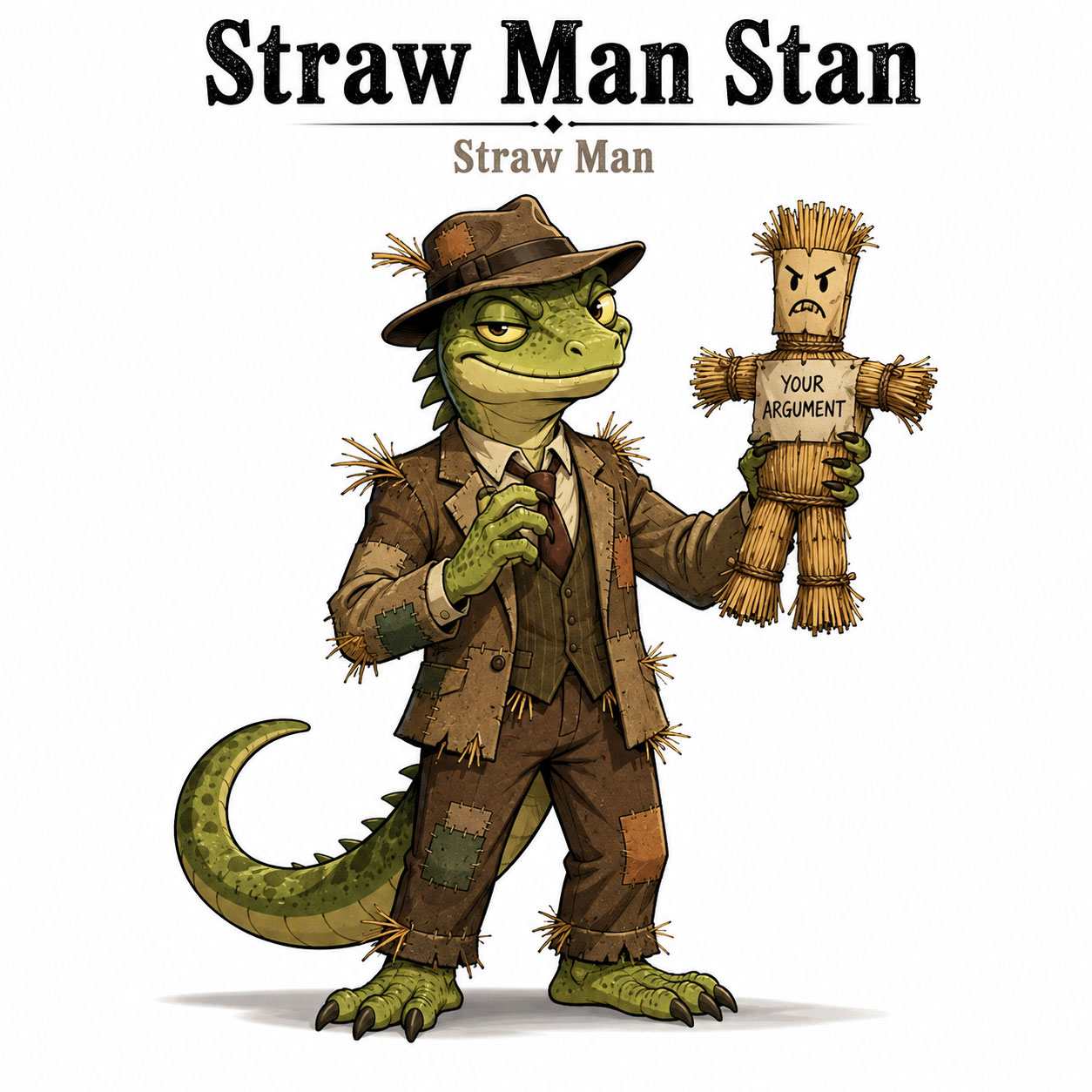 Straw Man Stan holding a straw doll labeled “Your argument”